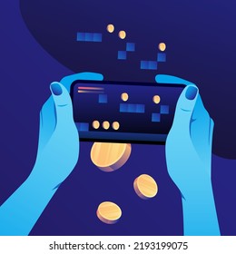 Hands holding Smartphone. Graphic Plays to Earn Illustration. Vector illustration