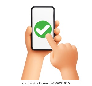 Hands holding smartphone with green check mark. 3D hand tapping green check mark on phone screen. Approval, confirmation and success. UI, onboarding and mobile verification 3D rendered vector concept.