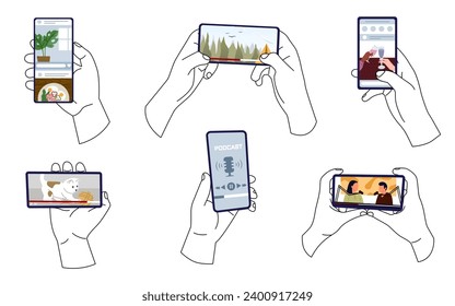 Hands holding a smartphone. Hand holding smartphone with movies, news media, social network story, series, podcast set. Concept of news