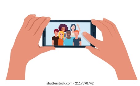 Hands holding smartphone with happy friends on screen . Group of teen girls and guys young friends taking selfie photo at smartphone. Vector illustration