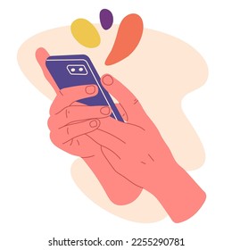 Manos con smartphone. Pantalla de teléfono móvil con desplazamiento de mano humana, teléfono móvil en manos de ilustración vectorial plana en fondo blanco