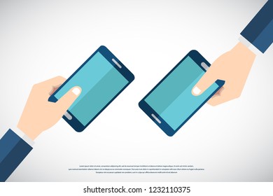 Hands holding smartphone. Human using mobile phone, Vector illustration flat cartoon design concept.