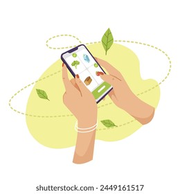 Hands holding a smartphone with icons of eco-friendly items, flat design, on a green and yellow abstract background, concept of ecology. Vector illustration