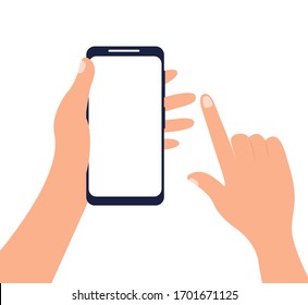 Hands holding a smartphone, index finger pokes into the screen. Vector illustration, flat design. Concept: mobile application, chat, communication, blank screen.