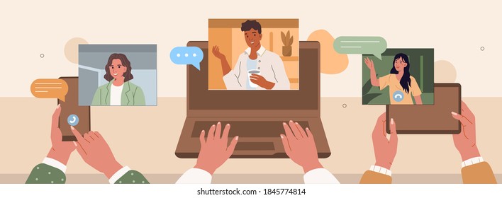 Hands Holding Smartphone, Laptop and Tablet with Video Chat. People Chatting and Communicating Together in Social Media. Female and Male Characters Talking Online. Flat Cartoon Vector Illustration.
