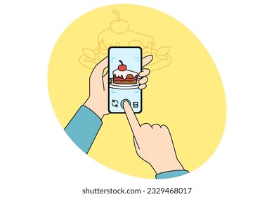 Hands holding smartphone make dessert photo on modern gadget. Concept of mobile food photography. Person shooting recipe for culinary blog. Vector illustration.