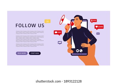 Hands Holding Smartphone With A Man Shouting In Loud Speaker. Influencer Marketing, Social Media Or Network Promotion. Landing Page. Vector Illustration. Flat.