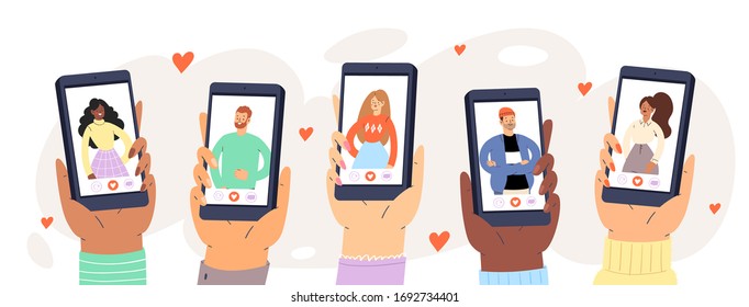 Hands holding smartphone with man and woman profiles. Online dating service application. Modern young people looking for a couple. Social media concept, virtual relationship communication, find love