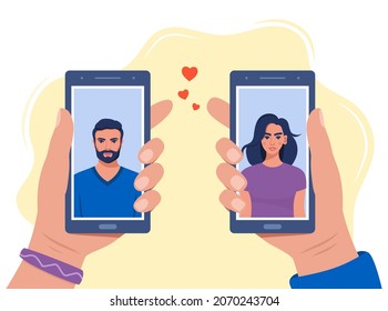 Hands holding smartphone with man and woman profiles romance app. Dating service application. Loving couple on screens of mobile phones. Love in social network. Vector Illustration