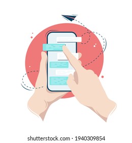 Hands holding a smartphone with a messenger dialog on its screen, vector illustration in flat style