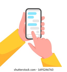 Manos sosteniendo el smartphone con Messenger en pantalla. Dibujo vectorial de dibujos planos.