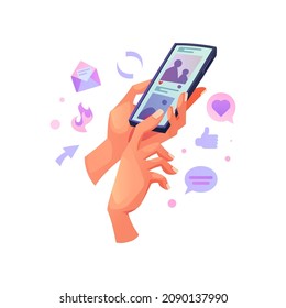 Hands holding smartphone with mobile application with social media communication chat, hearts and messages signs. Digital gadget and device with app for people interaction, love and friendship