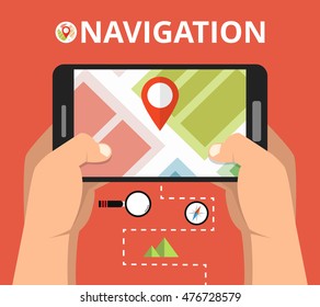 Hands holding smartphone with mobile gps navigation. Finding the way concept. Flat vector illustration.