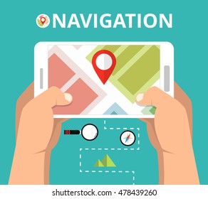 Hands holding smartphone with mobile gps navigation. Finding the way concept. Flat vector illustration.