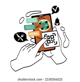 Manos con smartphone. Tecnologías modernas para la entrega a domicilio de alimentos. Sitio web en línea para cafés o restaurantes. Servicio cómodo y mundo digital, gadget. Dibujo vectorial plano de dibujos animados
