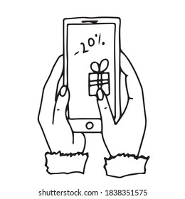 Hands are holding a smartphone.  On the screen there is a discount with a gift.  Online shopping.  Vector illustration.  Doodle style outline.