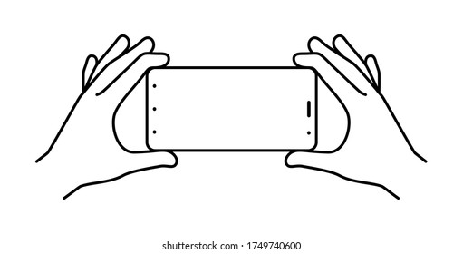 Hands holding smartphone on a white background, vector illustration. line icons, sign, pattern