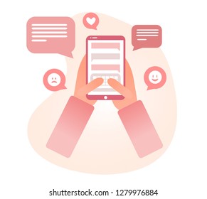 Hands holding smartphone for online communication. Chatting on social media with emoticon, bubble chat, texting. Technology of networking device.