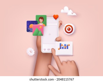 Hands holding smartphone with online platform. Influencer marketing, social media or network promotion, SMM banner, landing page, flyer. 3D Web Vector Illustrations.