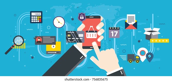 Hands holding smartphone and online shopping screen.Concept of online shopping, search of products and calculation of values, email with date of delivery and evaluation of the product and service.