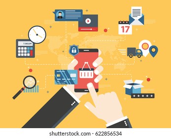 Hands holding smartphone and online store screen.Concept of online shopping, search of products and calculation of values, email with date of delivery and evaluation of the product and service.