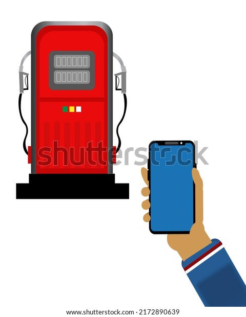 hands holding smartphone open the\
application, to buy gas at the gas station on the\
highway