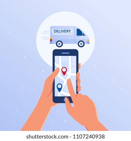 Hands holding smartphone with opened package trace tracker application. Parcel online mobile tracking and tracing concept. Map with navigation pins vector flat design illustration on blue background.