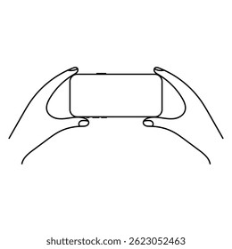 Hands Holding Smartphone Outline Vector Illustration. Black and white vector illustration of two hands holding a smartphone in horizontal (landscape) orientation. 