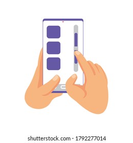 hands holding smartphone over white background vector illustration design