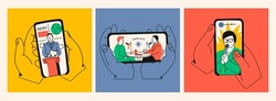 Hands holding a smartphone. People with microphone on screen. Podcast, news, watching video online, talk show, tv application, live streaming, mobile app concept. Hand drawn isolated illustrations set