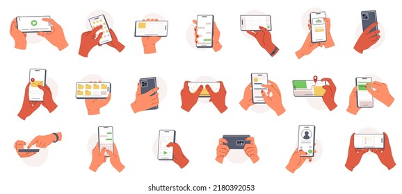 Hands Holding Smartphone. Phone Applications For Everyday Life. People Handling Gadgets. Human Hand Touch Smartphone Screen. Flat Vector Illustration