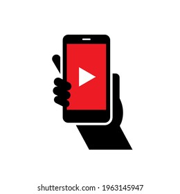 Hände, die Smartphone mit Play-Taste auf dem Bildschirm halten. Video-Player auf dem Bildschirm, Vektorgrafik EPS10