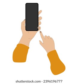 Hands holding Smartphone and point at phone. Mobile phone Mockup vector with blank screen. Flat or Cartoon illustration isolated on white. Realistic Hand, Internet and Digital Technology Concept