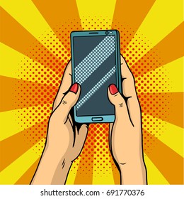 Hands holding smartphone pop art. Female hands hold a mobile phone. Vector illustration in comic style.