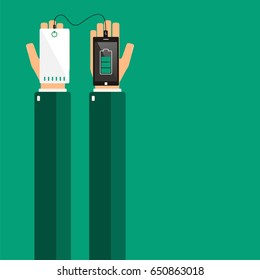 Hands holding a smartphone and powerbank. Vector illustration. 