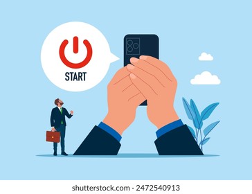Hands holding smartphone and pushing start button to start up new business. Launch start up company, Improvement, change management. Flat modern vector illustration