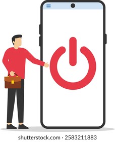 Hands holding smartphone and pushing start button to start up new business. Launch start up company, Improvement, change management. Flat modern vector illustration

