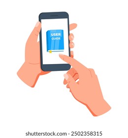 Manos sosteniendo un teléfono inteligente y leyendo una guía de usuario digital, accediendo a información e instrucciones en el dispositivo móvil