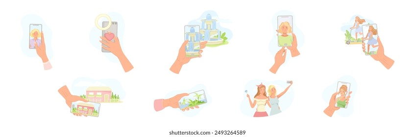 Hands Holding Smartphone Recording Video with Camera Filming Picture on Screen Vector Set