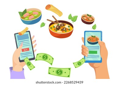 Hands holding smartphone with restaurant app vector illustration. Customer buying food online and shop receiving money on white background. Online shopping, technology, marketing concept