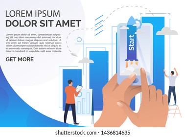 Hands holding smartphone, rocket launch and bar chart. Start, financial growth metaphor concept. Presentation slide template. Vector illustration for topics like business, technology, startup