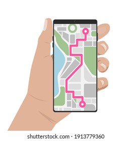 Hands holding smartphone with running navigation app. Vector illustration