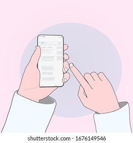 Hands holding a smartphone and running a search on the Internet. It symbolizes the search for the right information quickly from anywhere in the world, gadgets and mobile devices. Vector illustration.