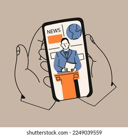 Manos sosteniendo un smartphone. Pantalla de teléfono móvil con transmisión de noticias. Ver video o película en línea, aplicación de televisión, streaming en vivo, concepto de aplicación móvil. Ilustración aislada dibujada a mano