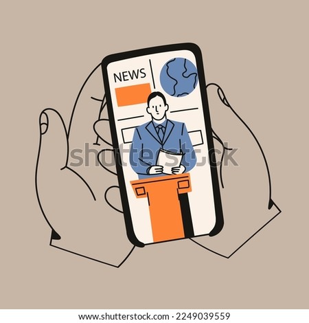 Hands holding a smartphone. Screen of mobile phone with News broadcasting. Watching video or movie online, tv application, live streaming, mobile app concept. Hand drawn isolated illustration