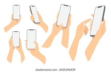 Hands holding smartphone set. Flat vector illustrations isolated on white background 