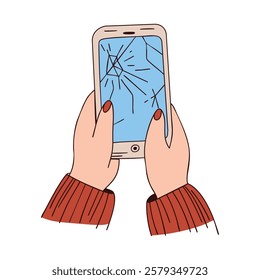 Hands holding a smartphone with a shattered screen. Phone repair, technology issues, accidents, or broken devices.