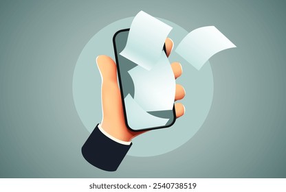 Mãos segurando smartphone com folhas de papel. Fluxo de documentos digitais. Ilustração vetorial