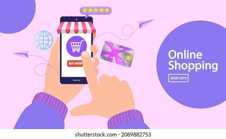 Hands holding smartphone shopping. Ecommerce concept. Online delivery service. Digital marketing. grocery products bag. order button. mobile app. e-commerce concept. Vector illustration.
