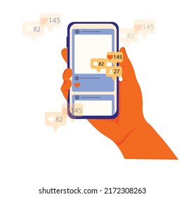 Hands holding smartphone with social media or social network notification icons. Subscribers, followers. Vector stock illustration. Isolated on a white background.
